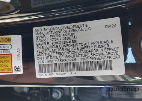 2024 Honda Accord Ex from USA, damaged, VIN 1HGCY1F33RA092436
